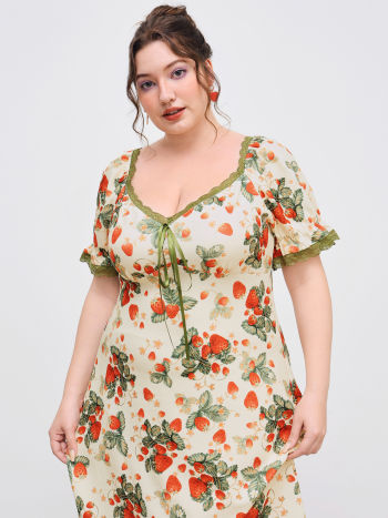 Square neck strawberry print lace up cami mini dress