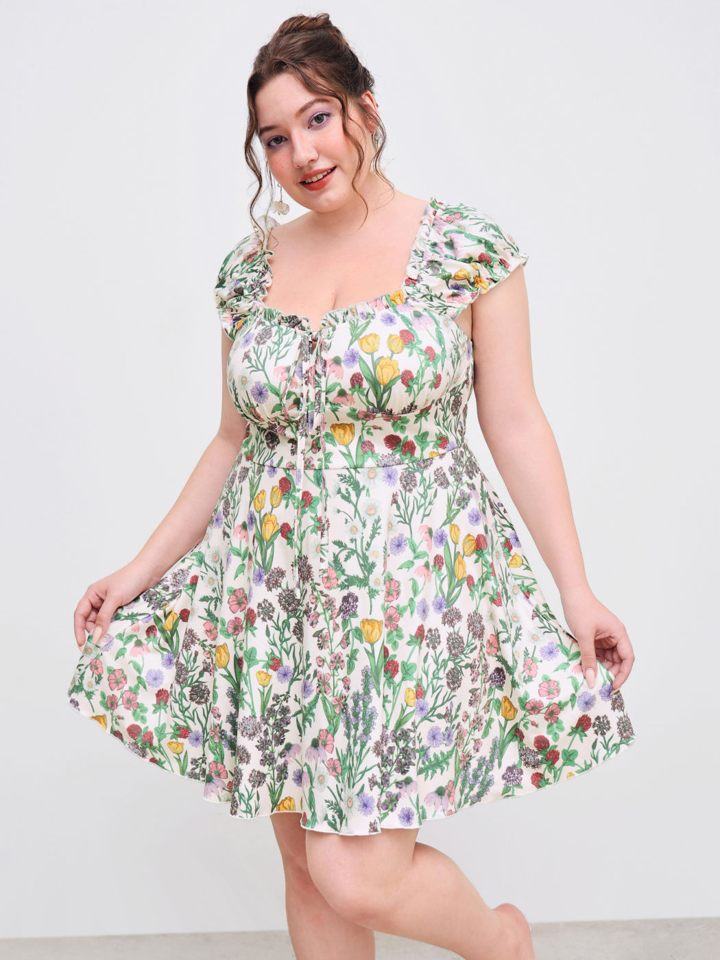 Square Neck Floral Ruffle Lettuce Trim Mini Dress Curve & Plus
