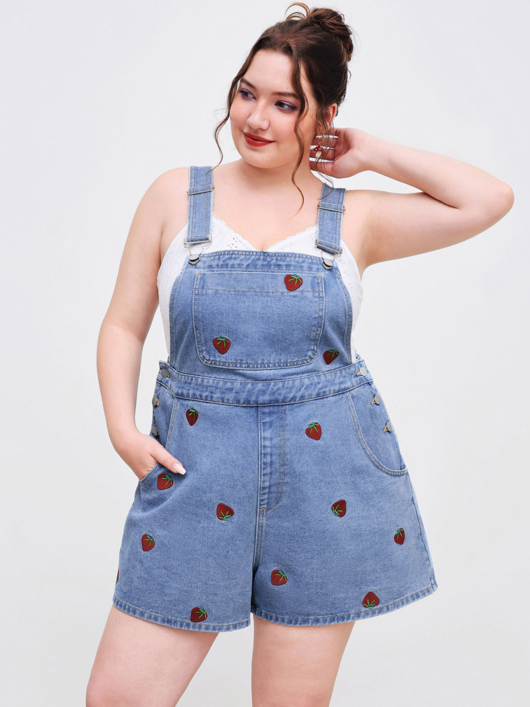 Denim Strawberry Embroidery Pocket Button Romper Curve & Plus