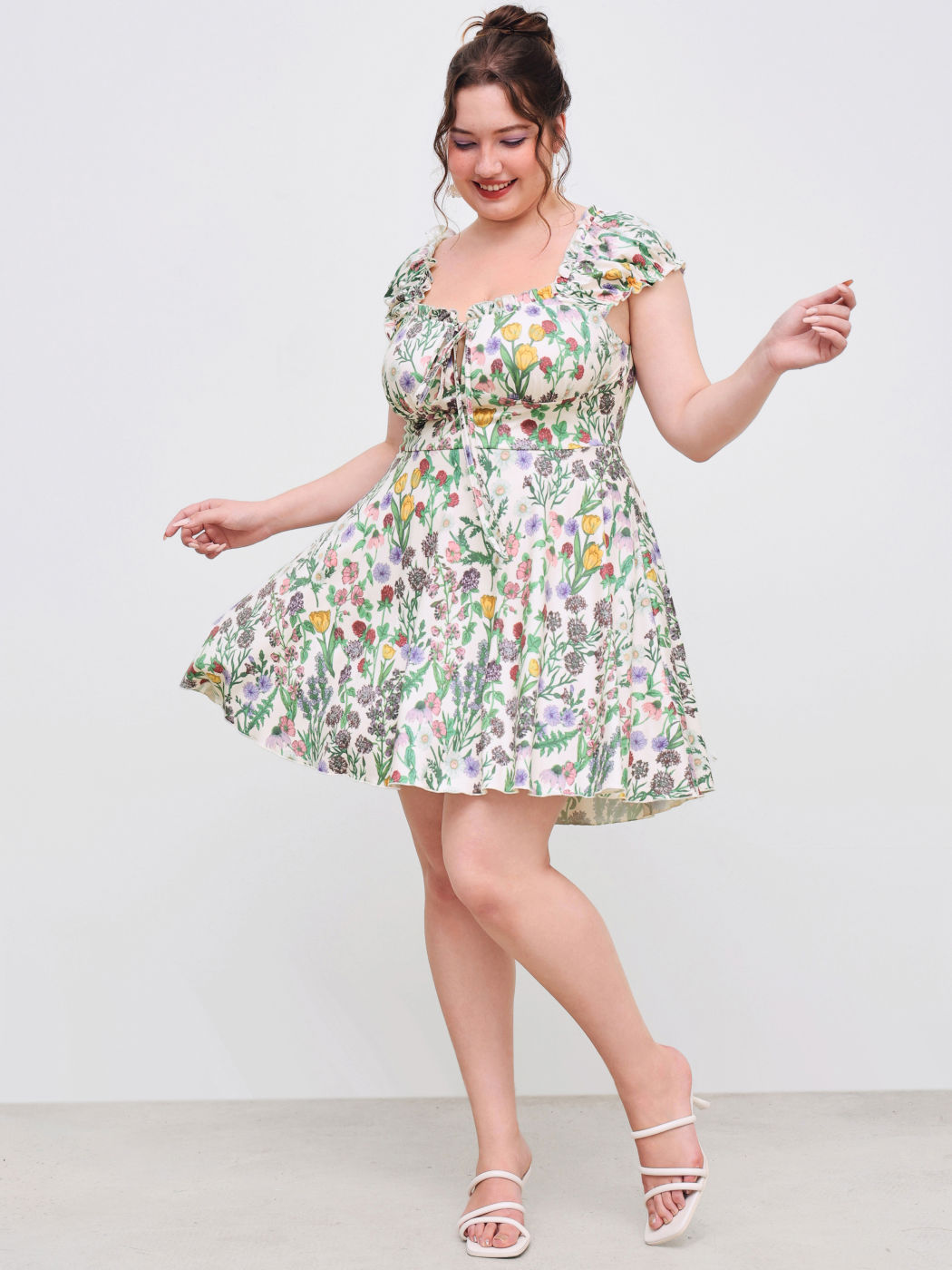Square Neck Floral Ruffle Lettuce Trim Mini Dress Curve & Plus