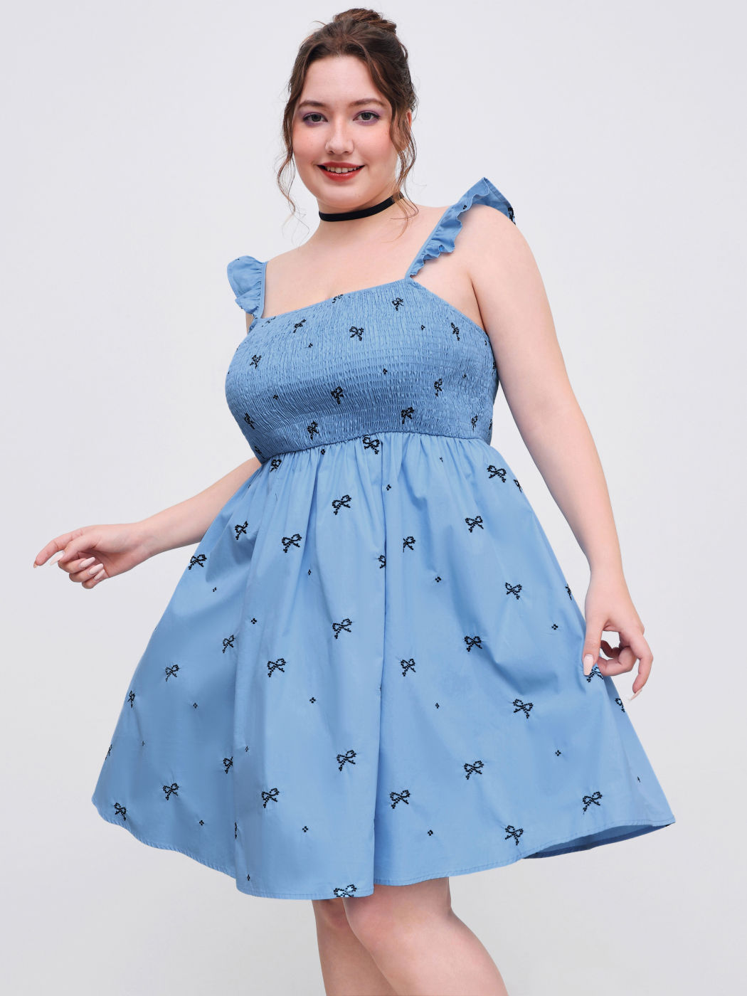 Woven Square Neck Bowknot Embroidery Ruffle Mini Dress Curve & Plus