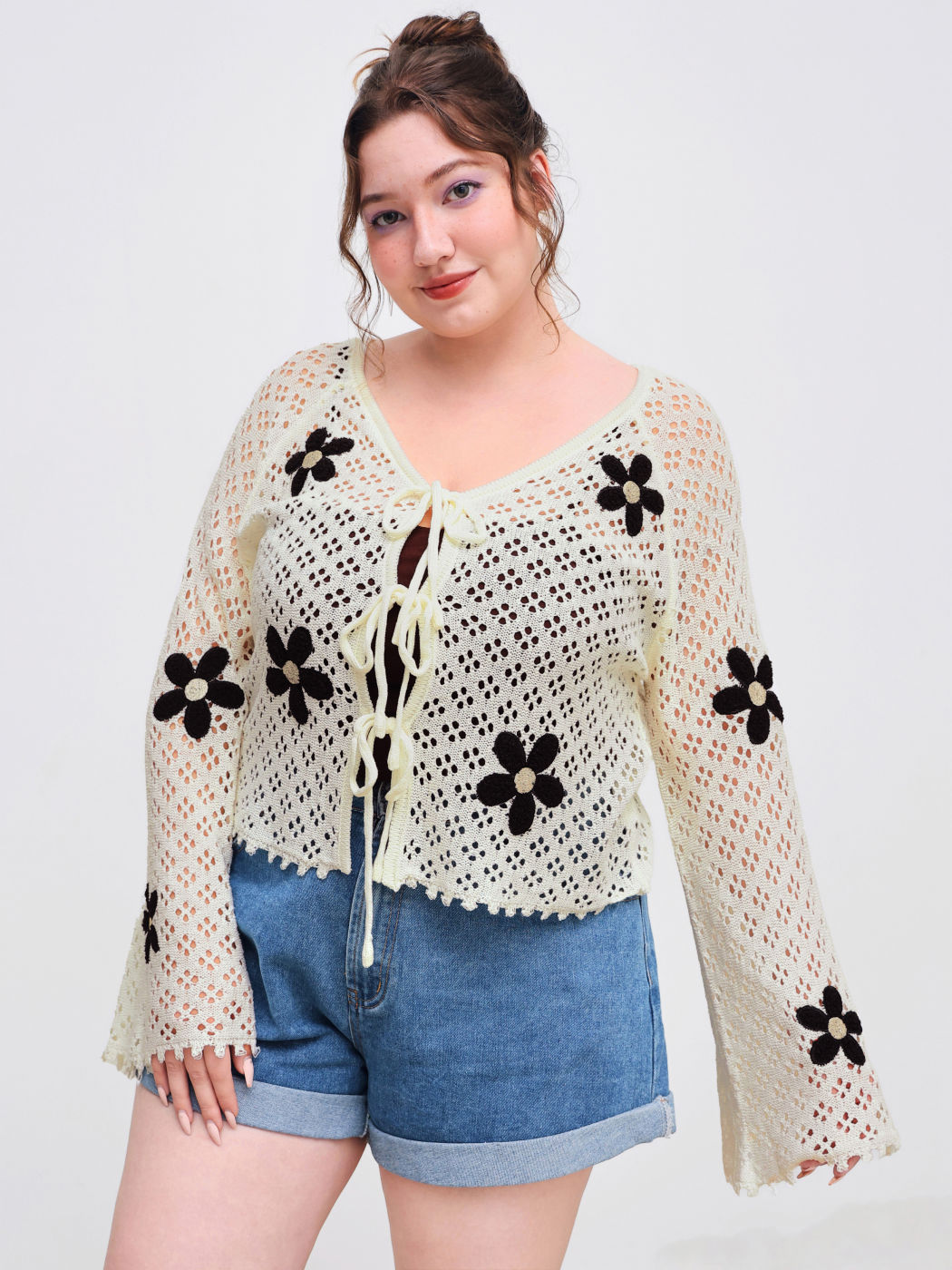 Knitted V-neck Floral Knotted Hollow Out Cardigan Curve & Plus