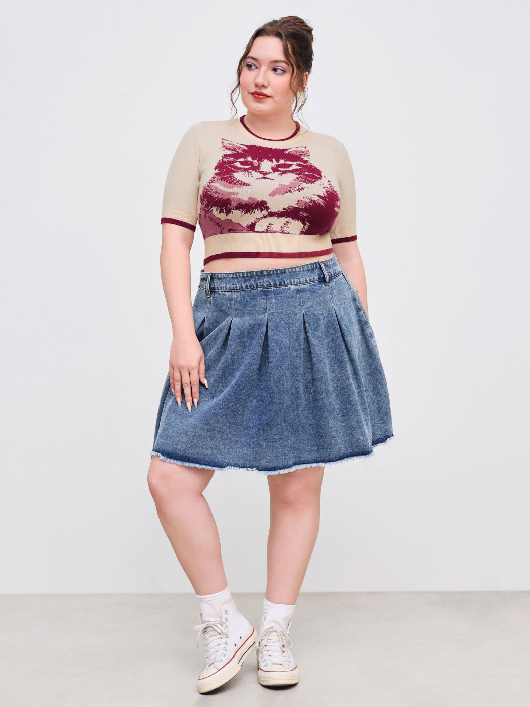 Jacquard Rundhalsausschnitt Katzen-Graphic Kurzarm Top Kurve & Plus