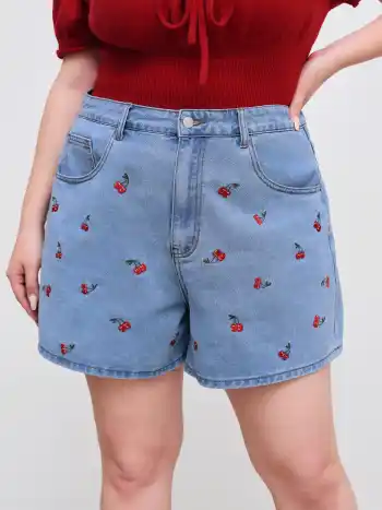 Cider Jeans Mid Rise Kirsche Stickerei Shorts Kurve & Plus