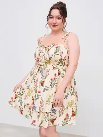 Gewobenes Blumenmuster Mini-Kleid mit Rüschensaum und Knoten, Kurve & Plus