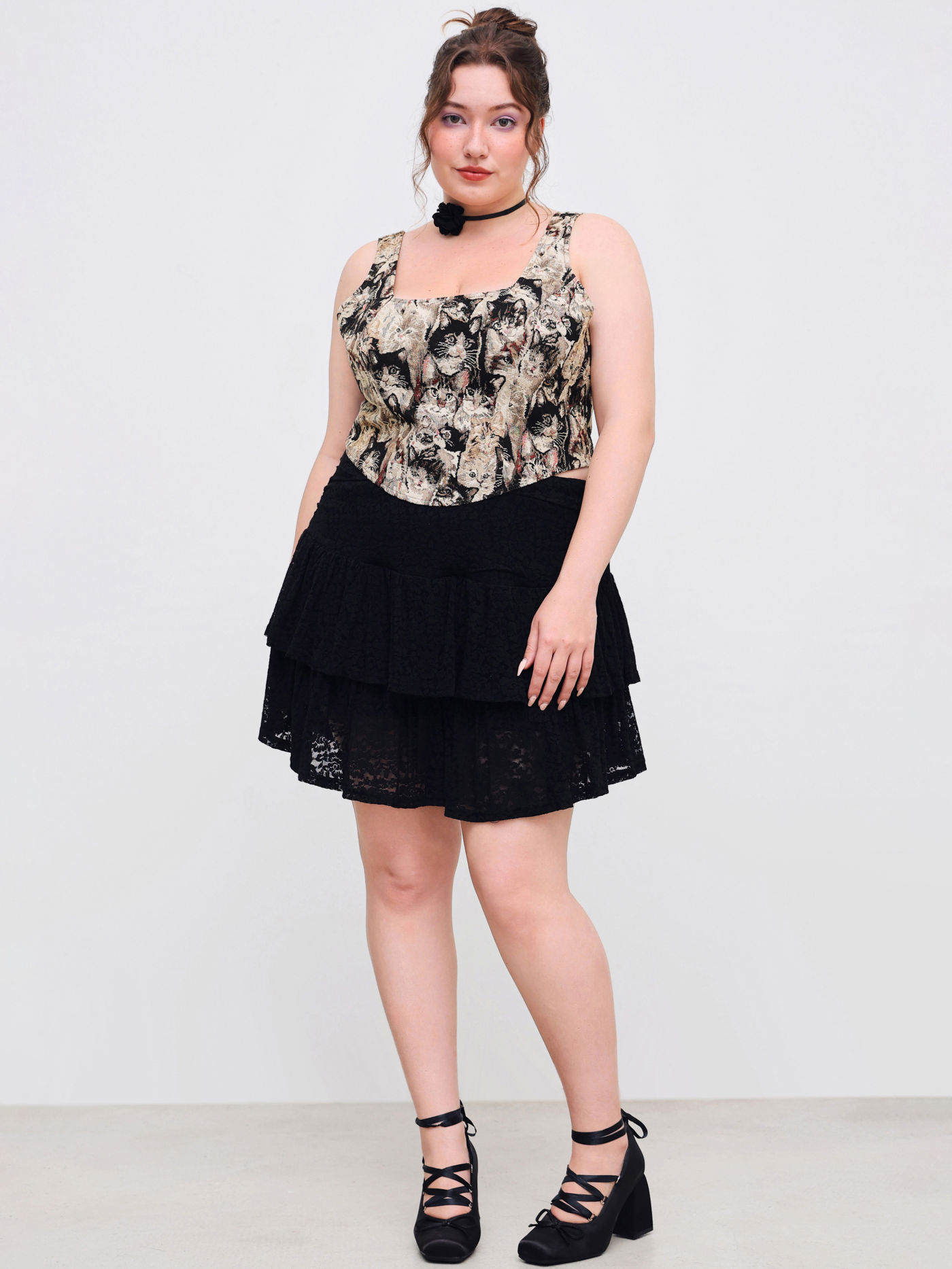 Tweed Square Neck Cat Pattern Corset Cami Crop Top Curve & Plus
