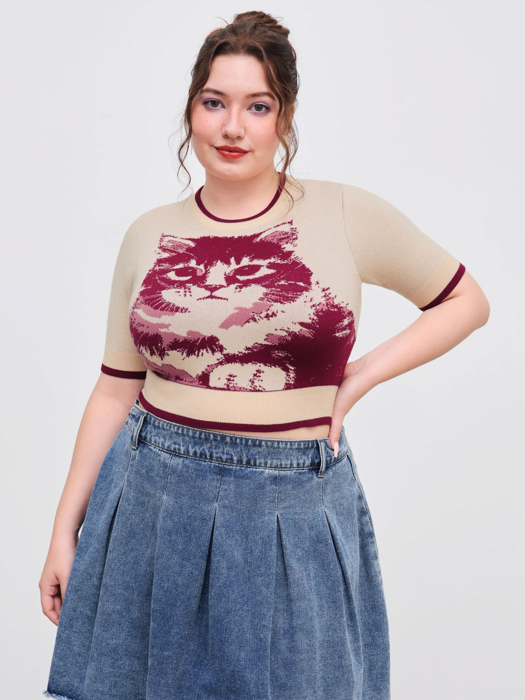 Jacquard Rundhalsausschnitt Katzen-Graphic Kurzarm Top Kurve & Plus