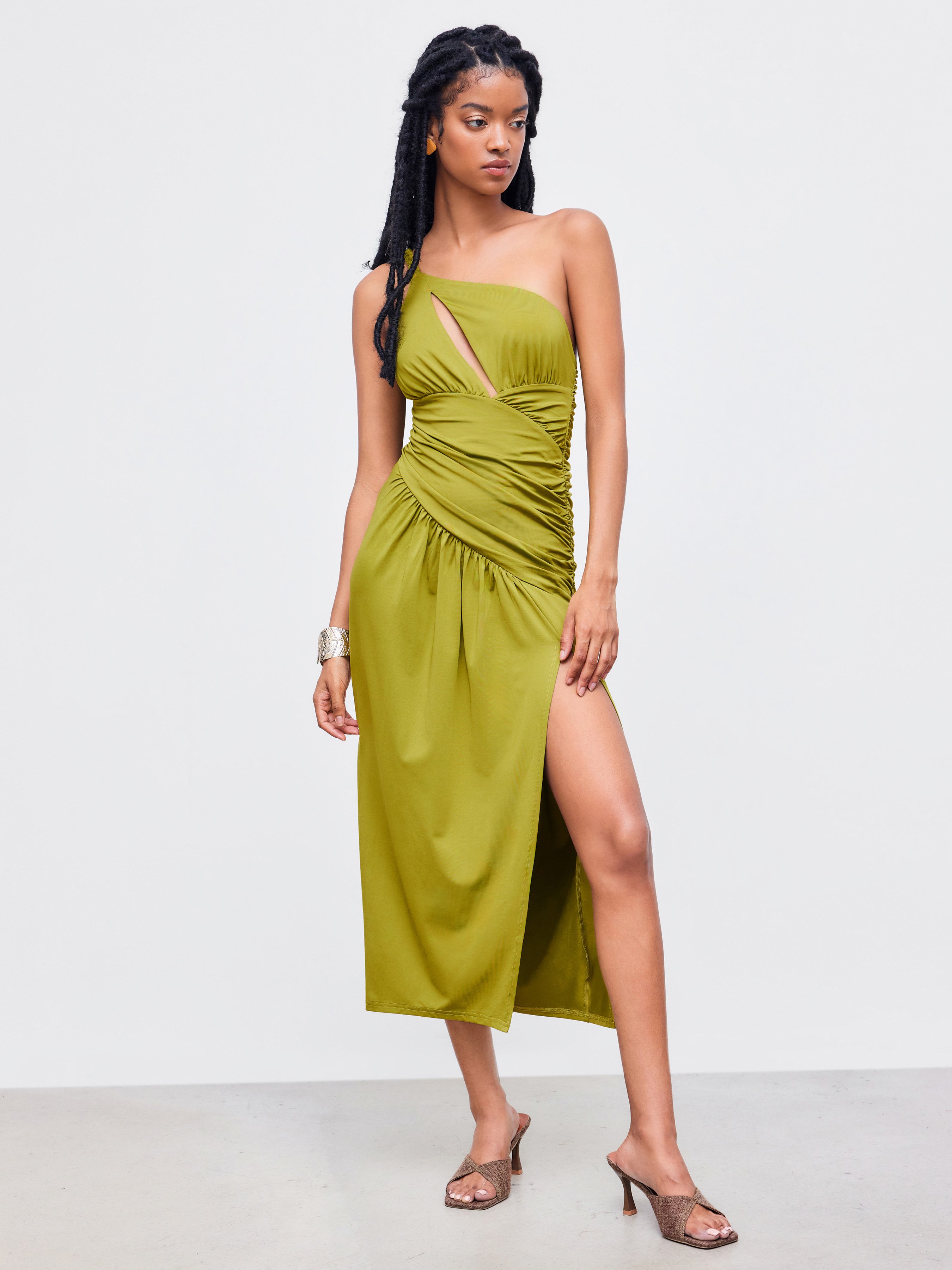 Sleeveless Halter High Waist Ruched Split Maxi Dresses