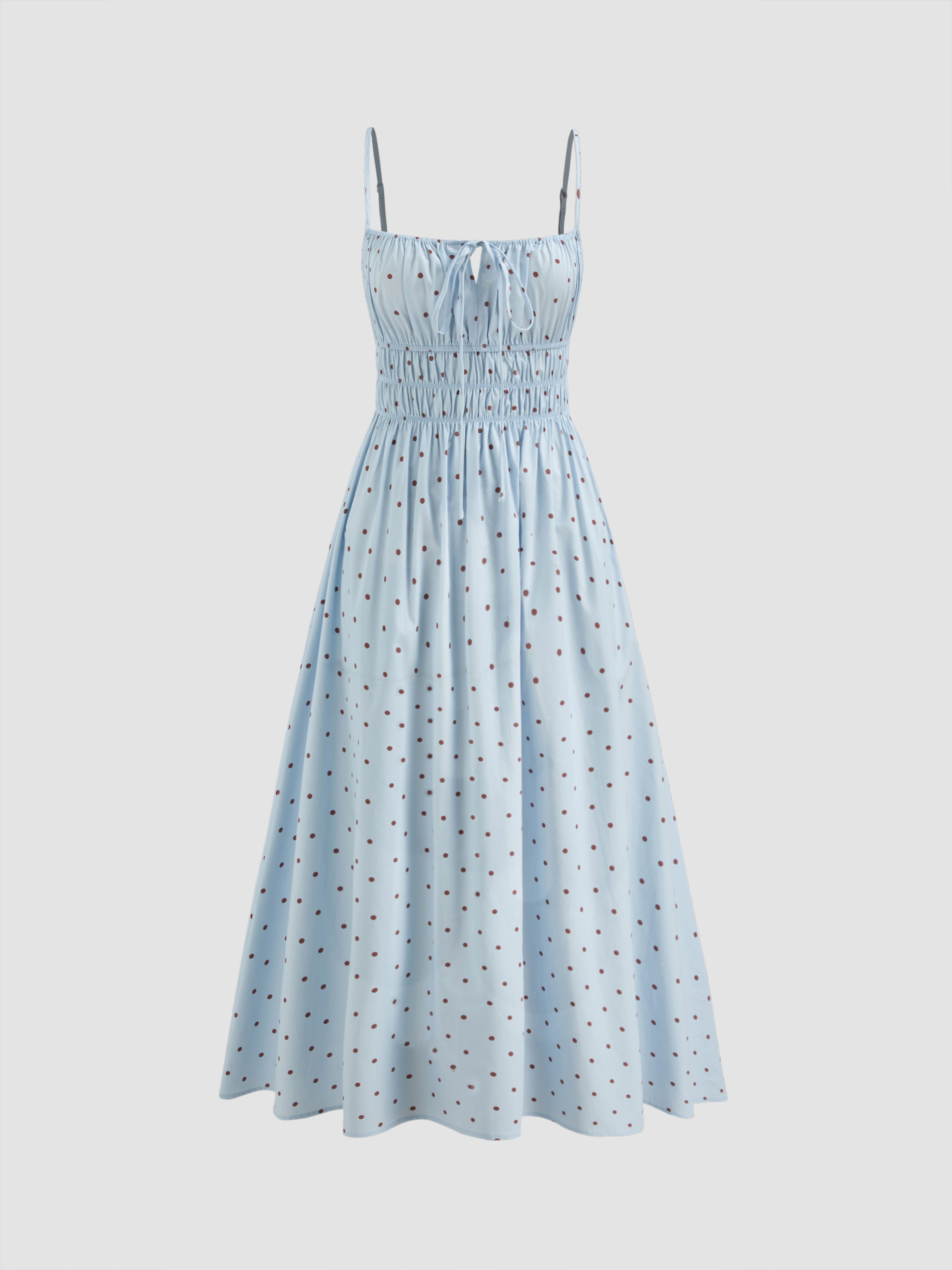 Woven Polka Dot Knotted Shirred Ruffle Maxi Dress For Daily Casual