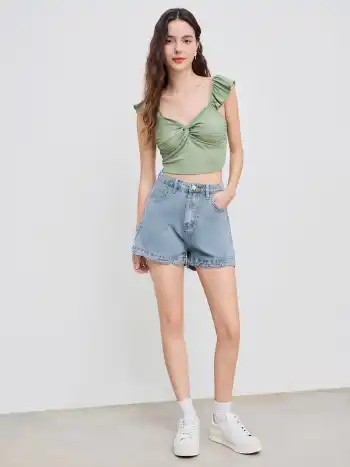 Crop Top à Manches Volantées Torsadées Unies