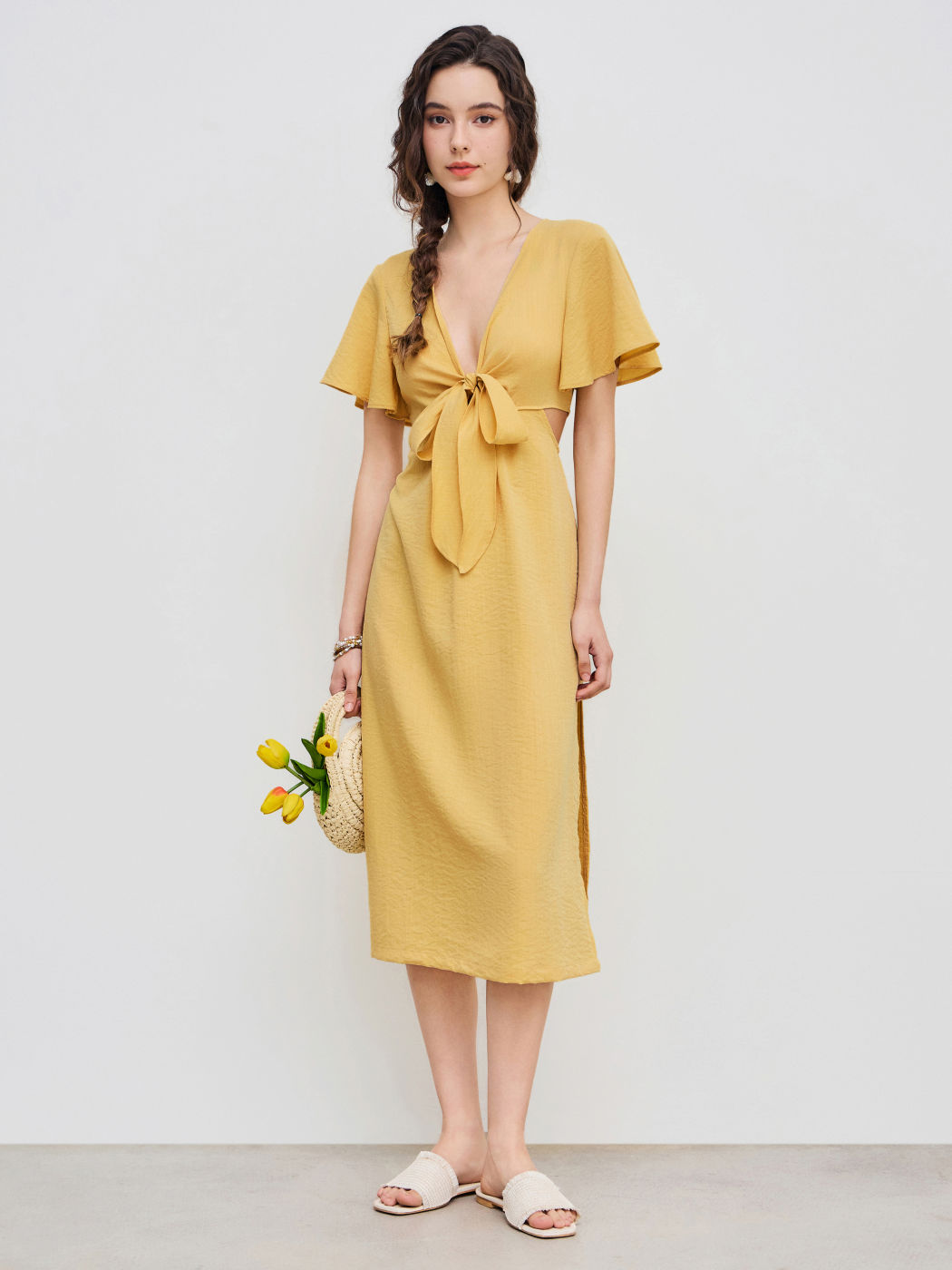 Solid Bow Cut Out Midi Dress
