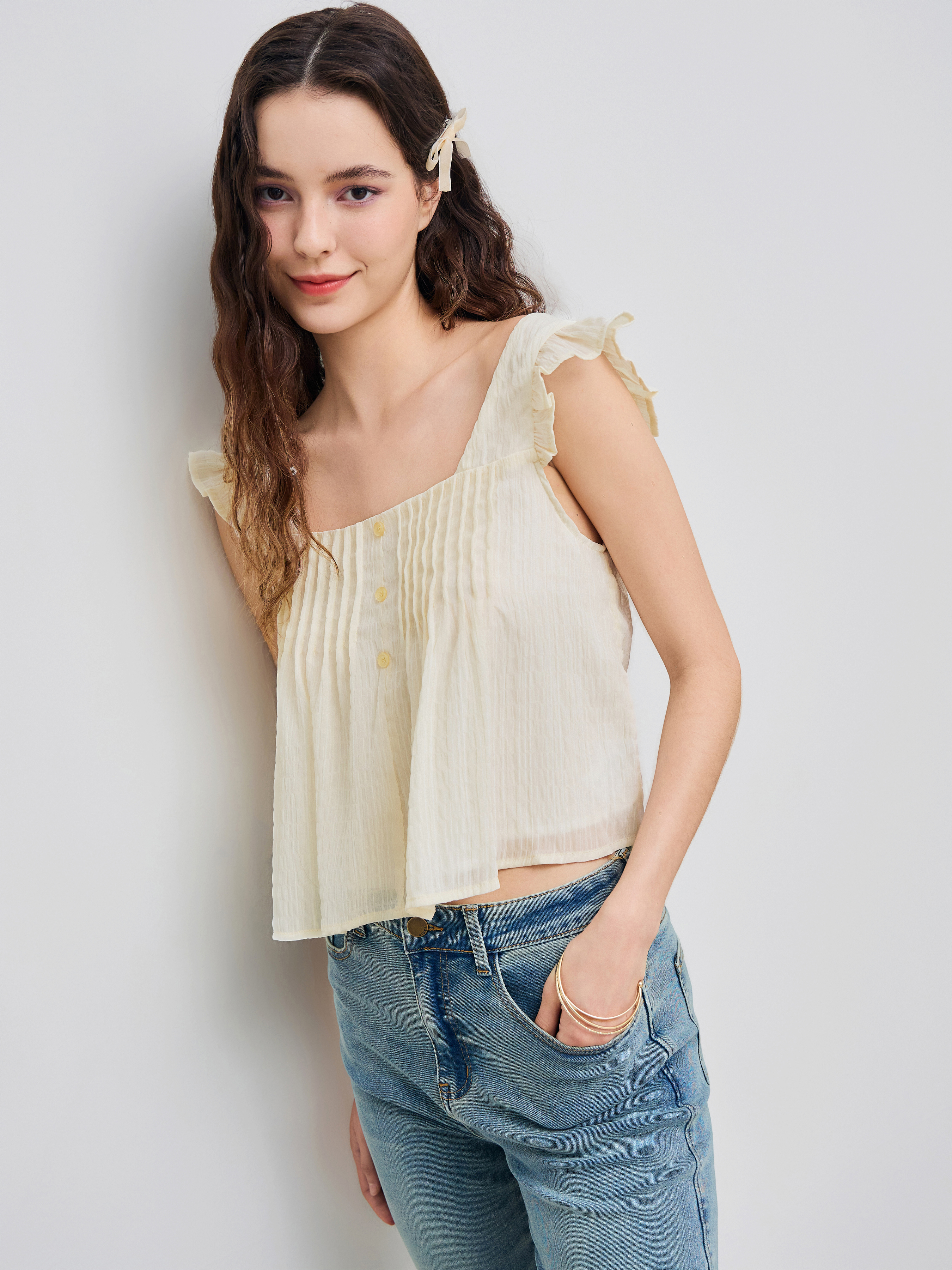 Woven Square Neck Ruffle Hem Crop Top For Daily Casual Vacation