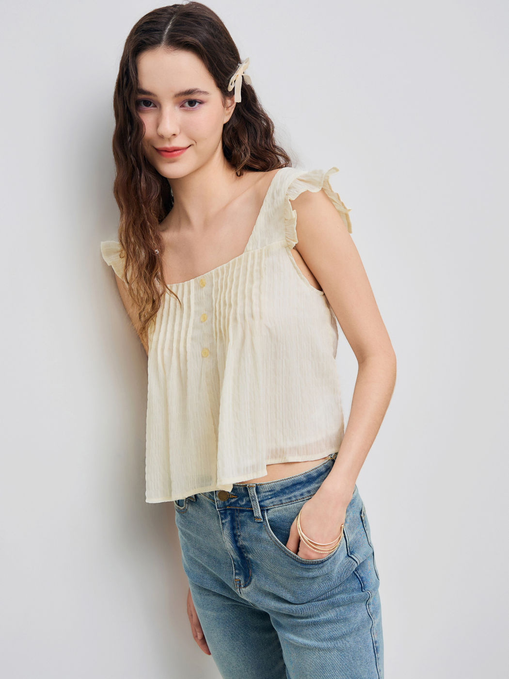Crop Top mit quadratischem Halsrand und gekräuseltem Saum