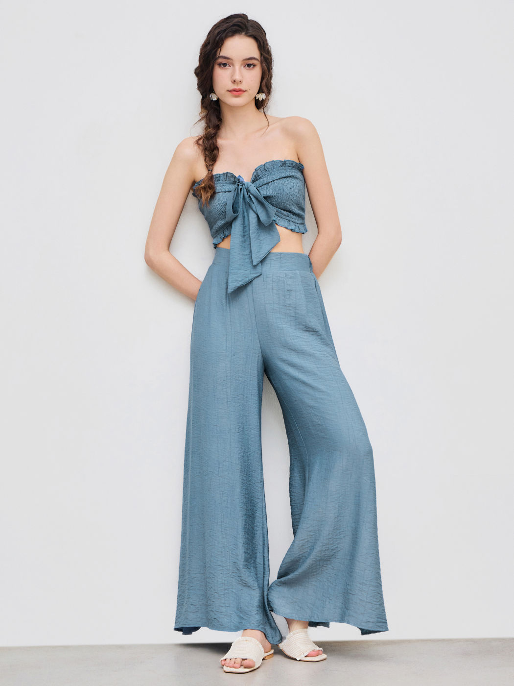 Shirred Knotted Crop Tube & Wide Leg Trousers Set