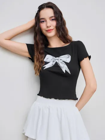 Bootsausschnitt Schleife Kurzarm Crop Top