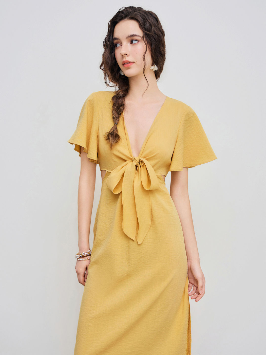 Solid Bow Cut Out Midi Dress