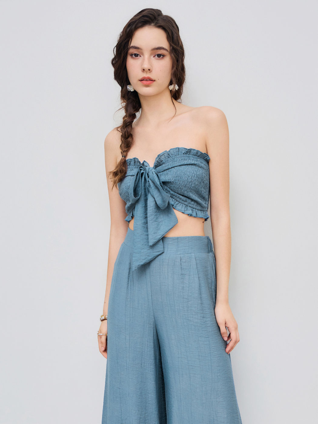 Shirred Knotted Crop Tube & Wide Leg Trousers Set