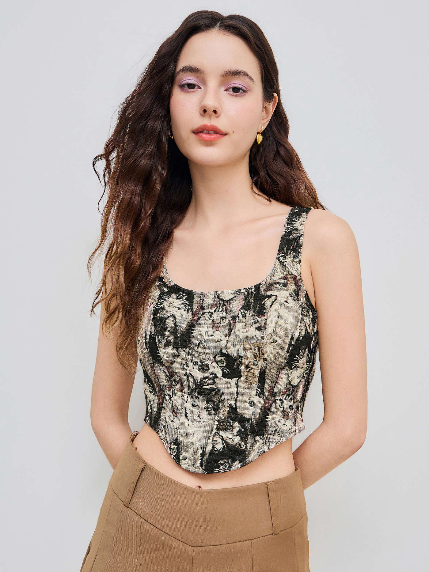 Jacquard Cat Pattern Corset Cami Crop Top