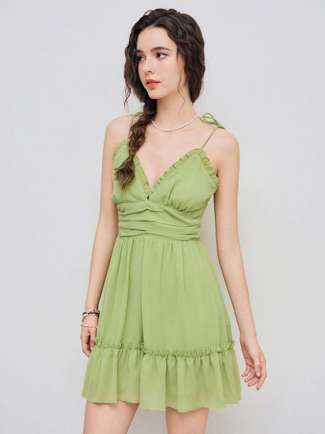 Solid Ruffle Tie Shoulder Mini Dress