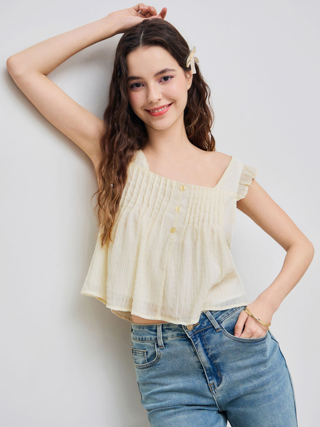 Crop Top mit quadratischem Halsrand und gekräuseltem Saum