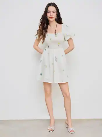 Quadratischer Ausschnitt Gerafftes Blumen Puffärmel Minikleid