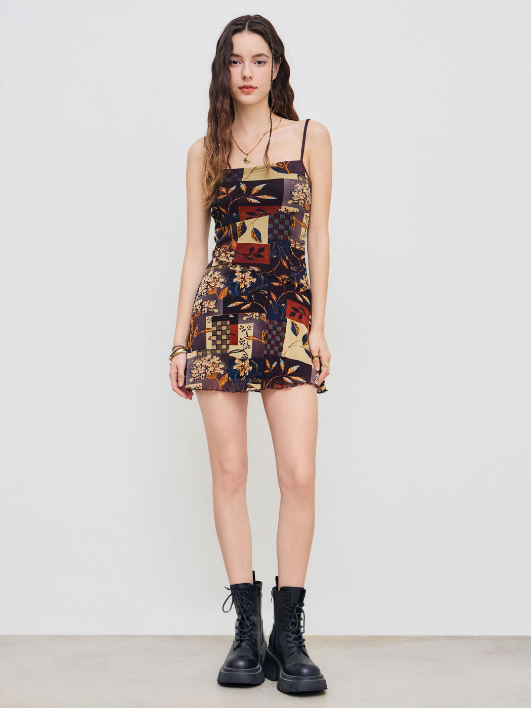 Blumen- und Blattmuster Mini-Kleid