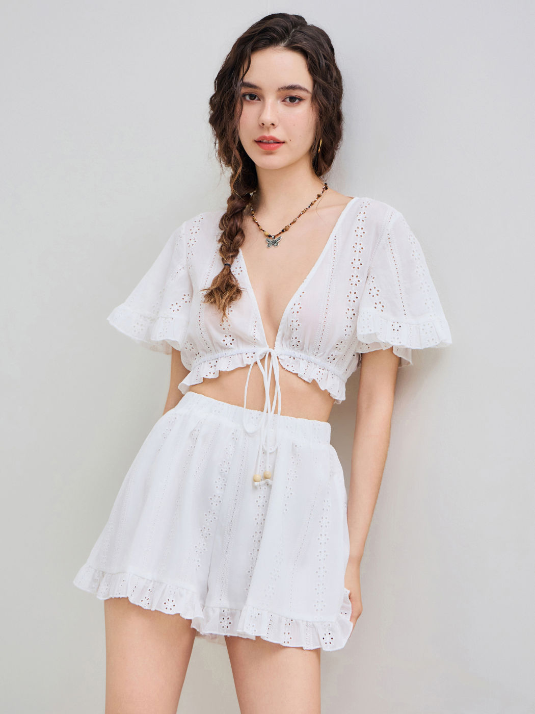 Eyelet Crop Top & Ruffle Hem Shorts Set