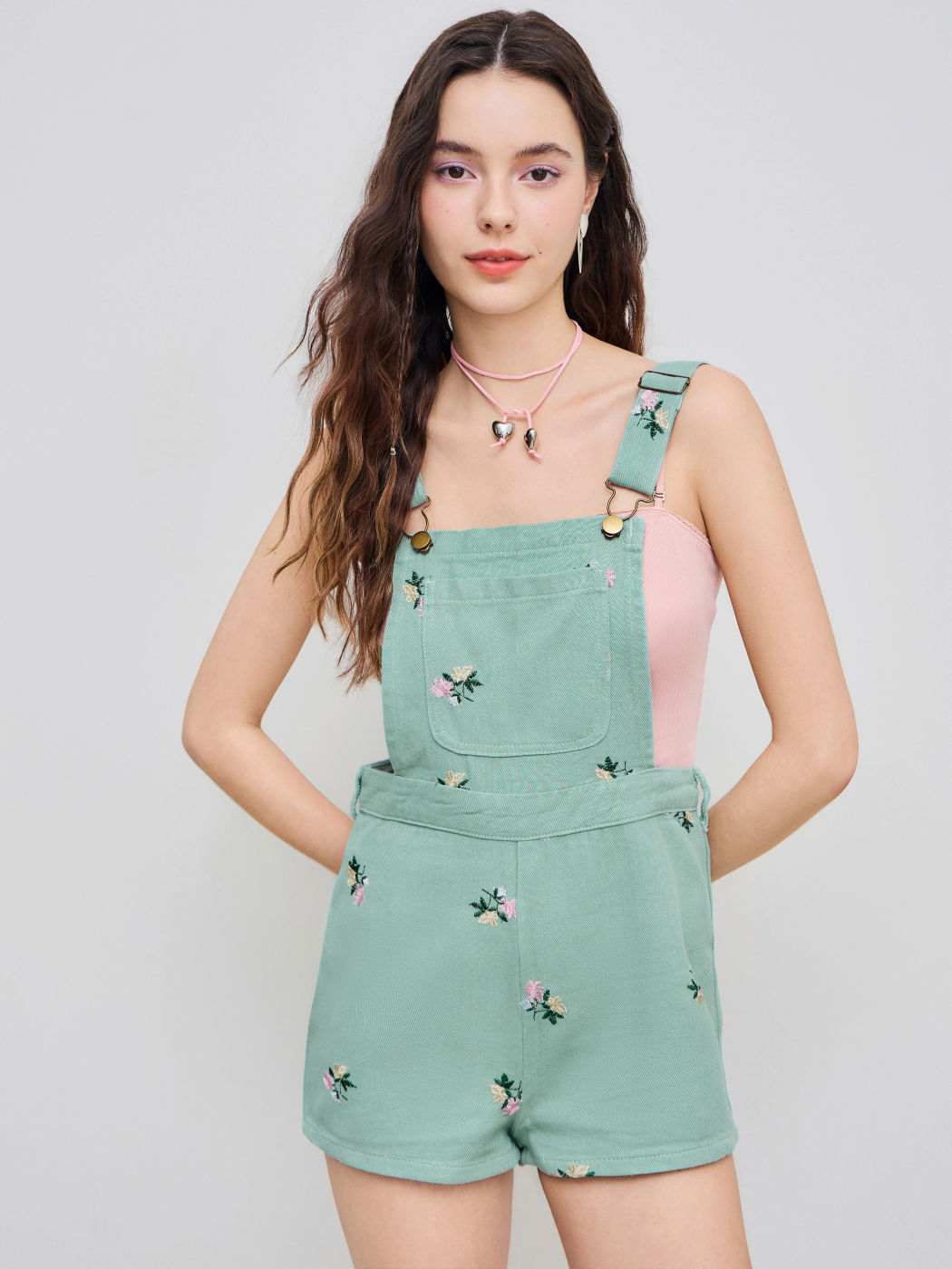 Floral Embroidery Pocket Romper