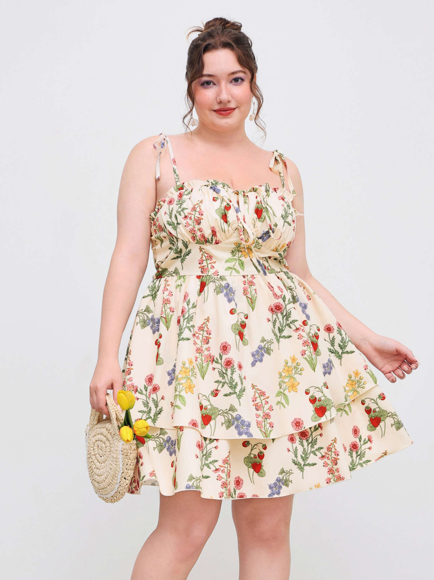 Woven Floral Ruffle Hem Knotted Layered Mini Dress Curve & Plus
