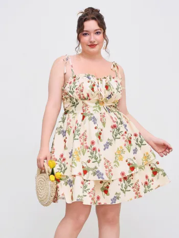 Gewobenes Blumenmuster Mini-Kleid mit Rüschensaum und Knoten, Kurve & Plus