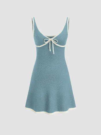 Knitted V-neck Solid Contrasting Binding Knotted Mini Dress