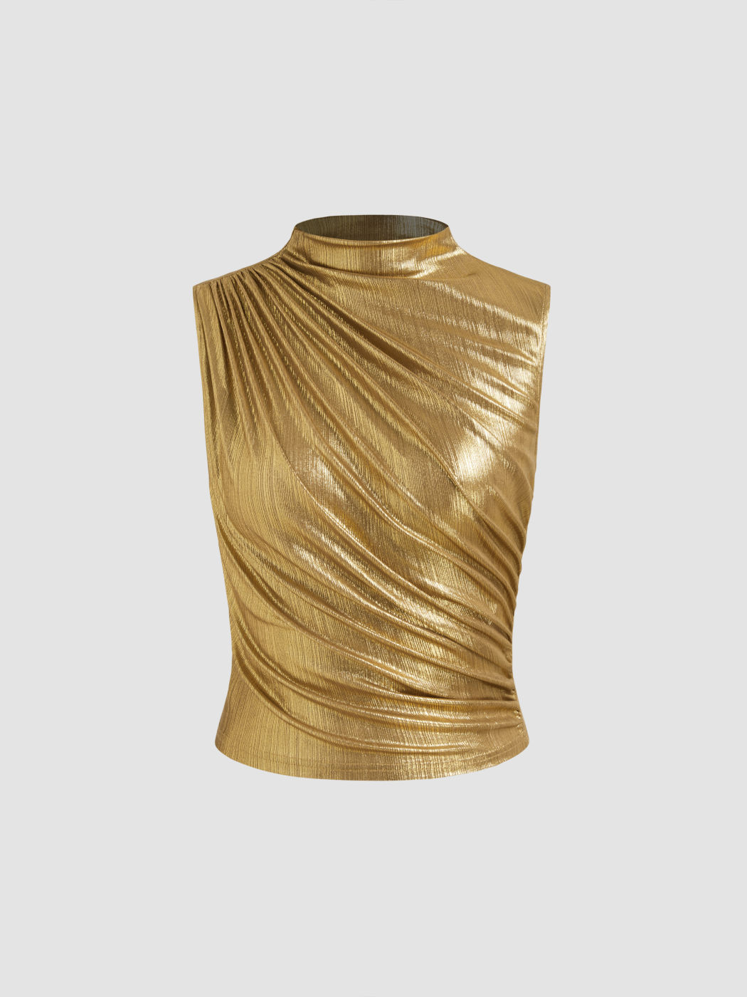 Metallic Stand Collar Solid Ruched Tank Top
