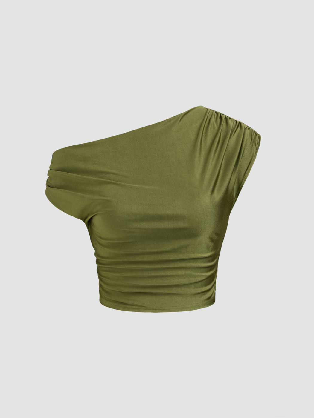 Asymmetrical Neck Solid Ruched Top With High Rise Solid Ruched Maxi Skirt