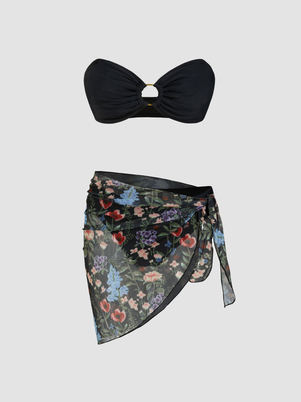 V-neck O-ring Bracelet Cheeky Bikini Set With Floral Sarong