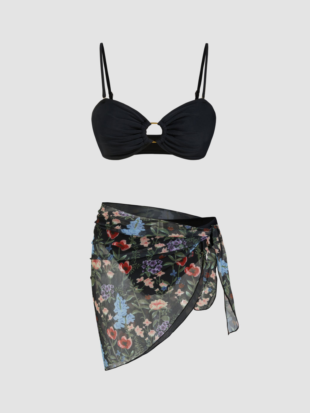 V-neck O-ring Bracelet Cheeky Bikini Set With Floral Sarong