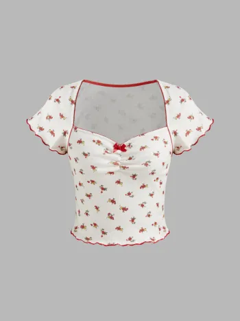 Crop Top a maniche corte con fiocco floreale Sweetheart