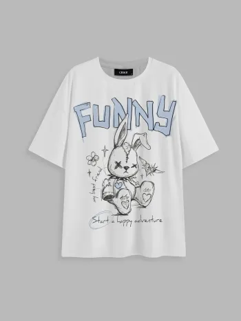 Oversize-T-Shirt mit kurzen Ärmeln und lustigem Hasengrafik am Rundhals