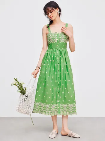 Woven Square Neck Floral Embroidery Maxi Dress
