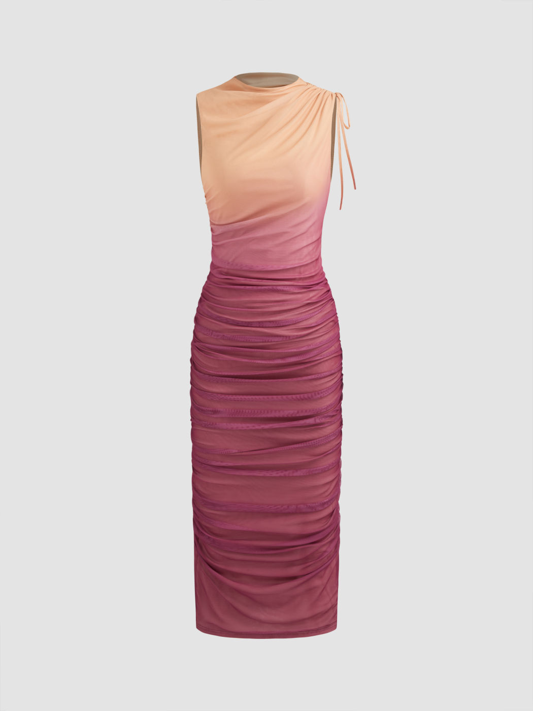Mesh Round Neckline Gradient Ruched Drawstring Maxi Dress