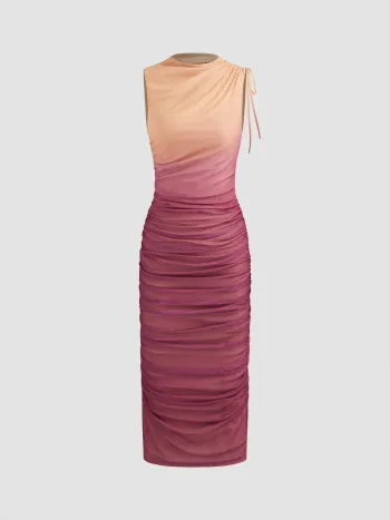 Mesh Rundhalsausschnitt Gradient Gerafftes Kordelzug Maxikleid