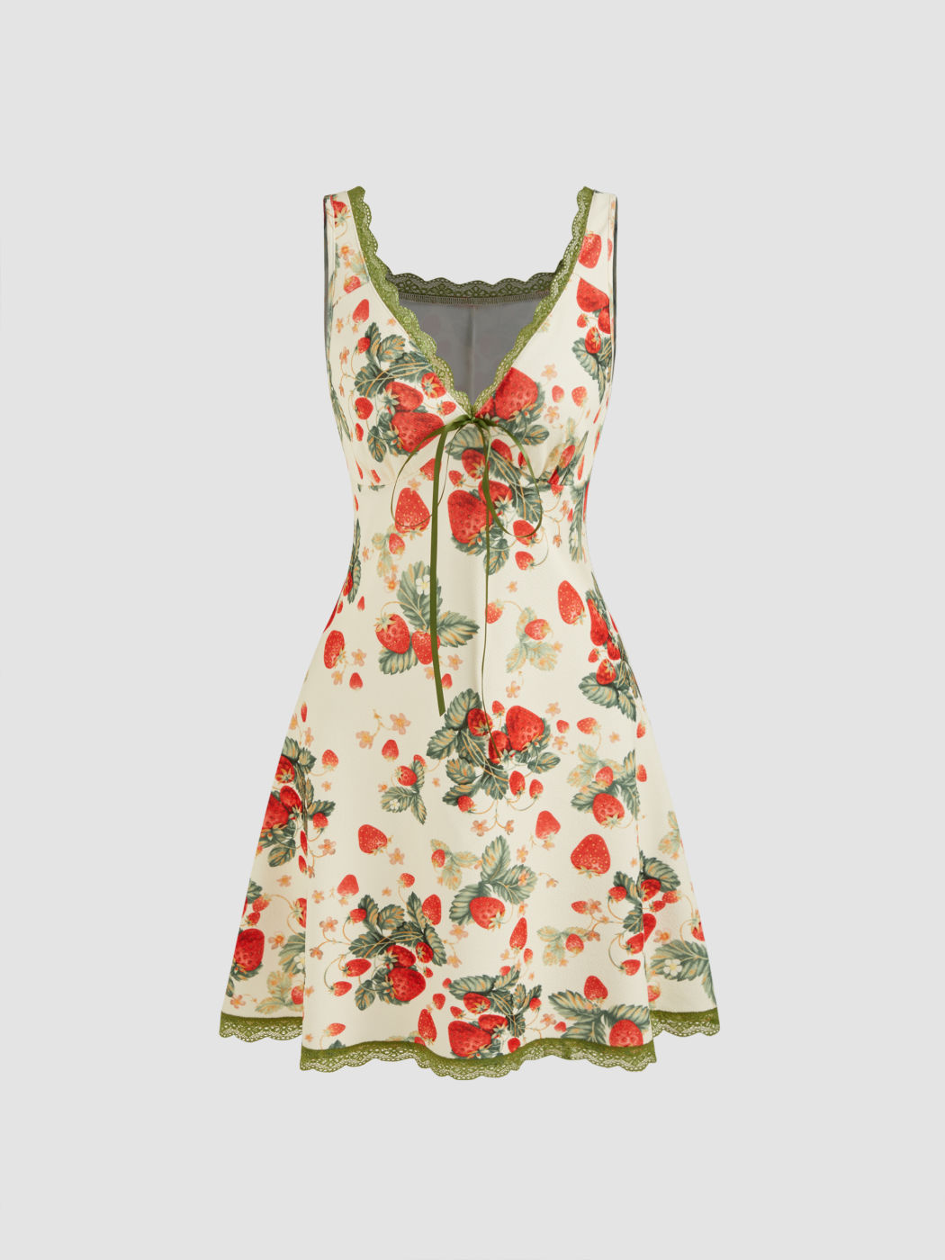 V-neck Strawberry Graphic Contrasting Binding Knotted Mini Dress