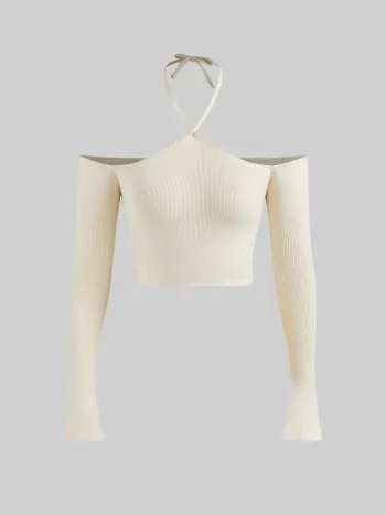 Knit Halter Off-shoulder Long Sleeve Top