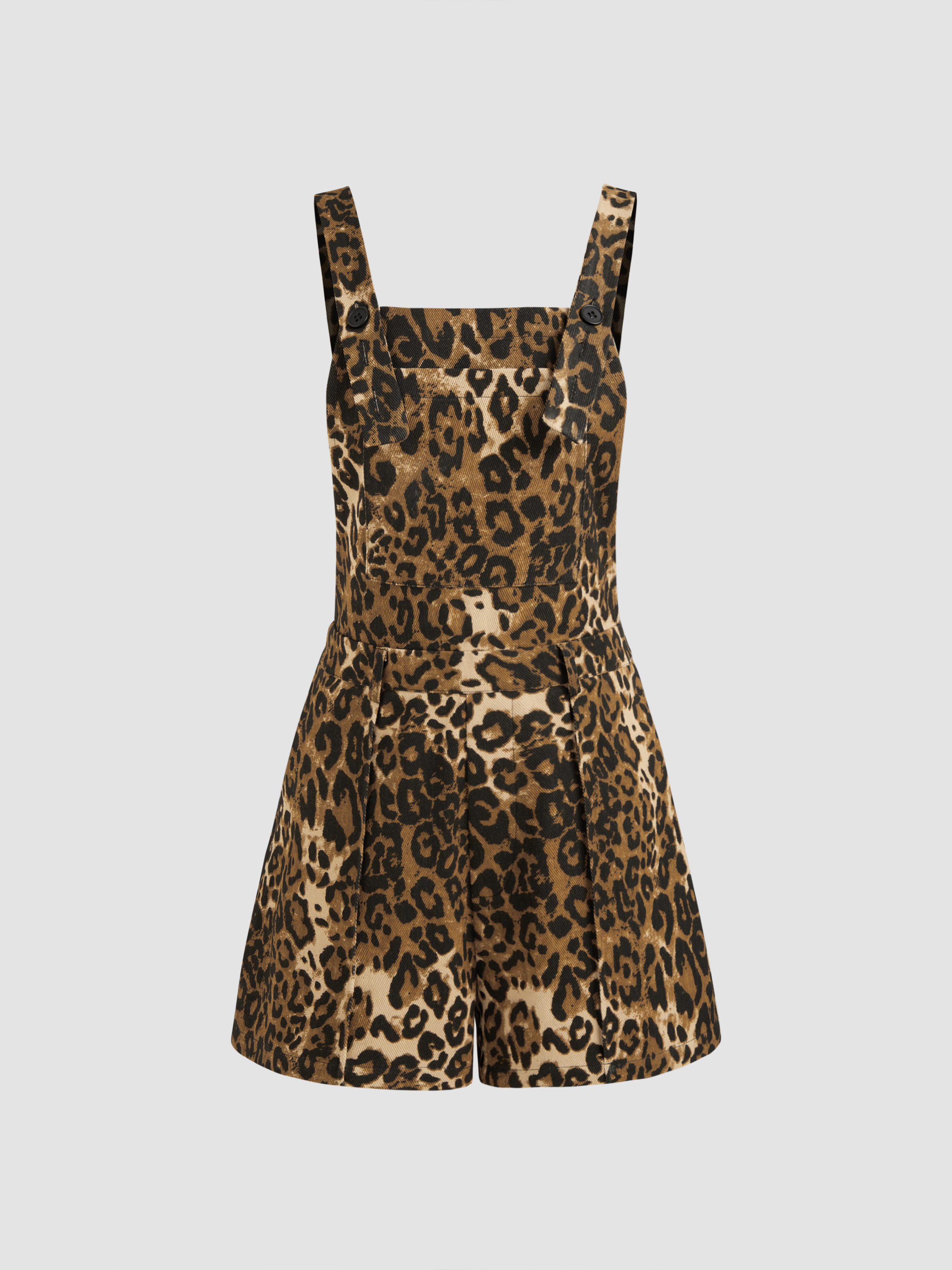 Square Neck Leopard Print Button Pocket Romper
