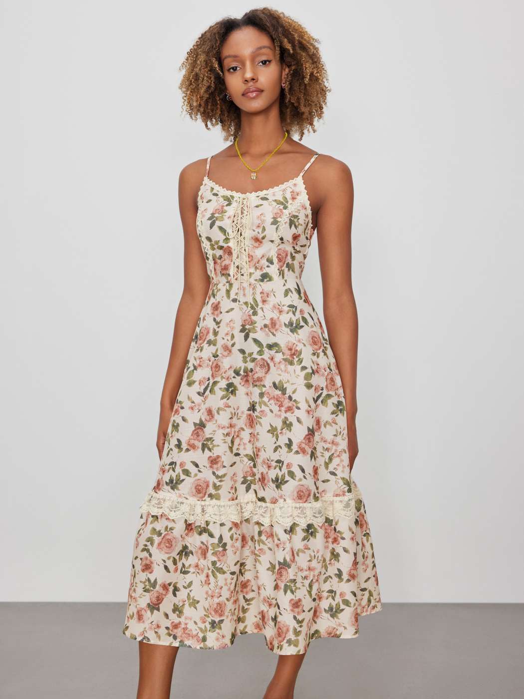 Floral Lace Trim Midi Dress
