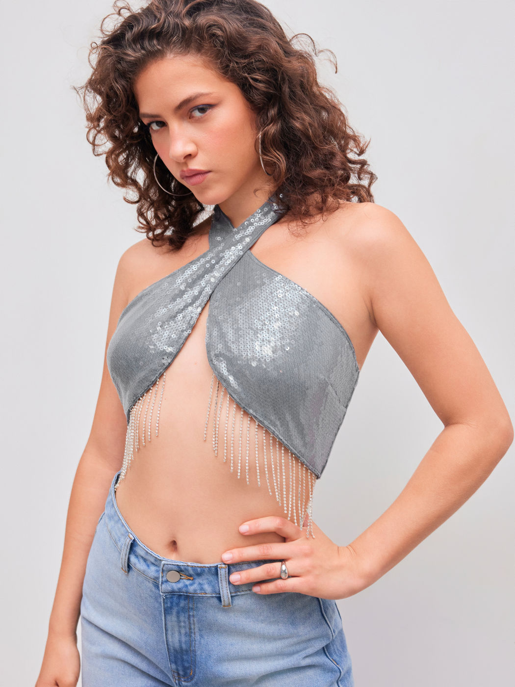 Sequin Halter Solid Criss Cross Tassel Crop Top