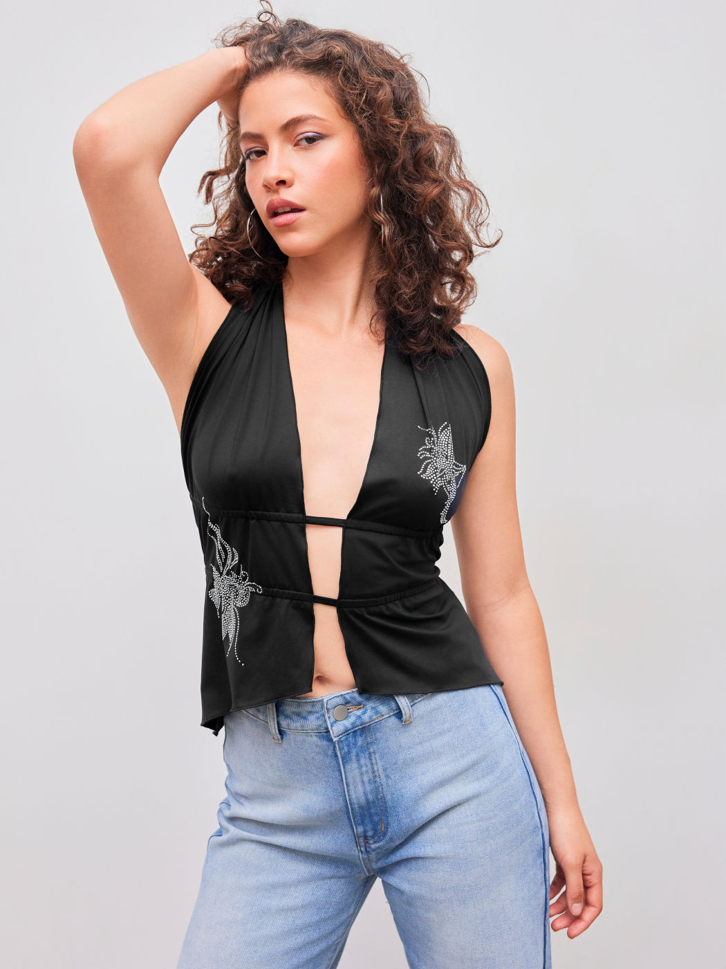 Halter Floral Rhinestone Backless Tank Top