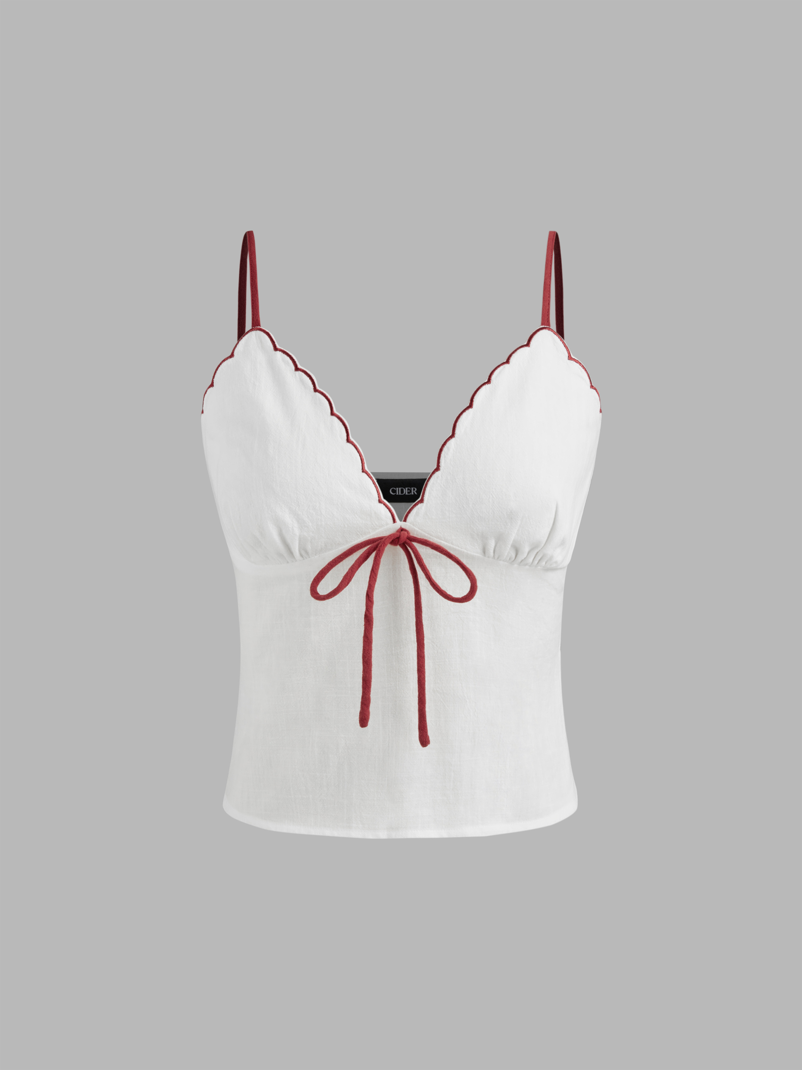Woven V-neck Knotted Contrasting Binding Embroidery Crop Cami Top For ...