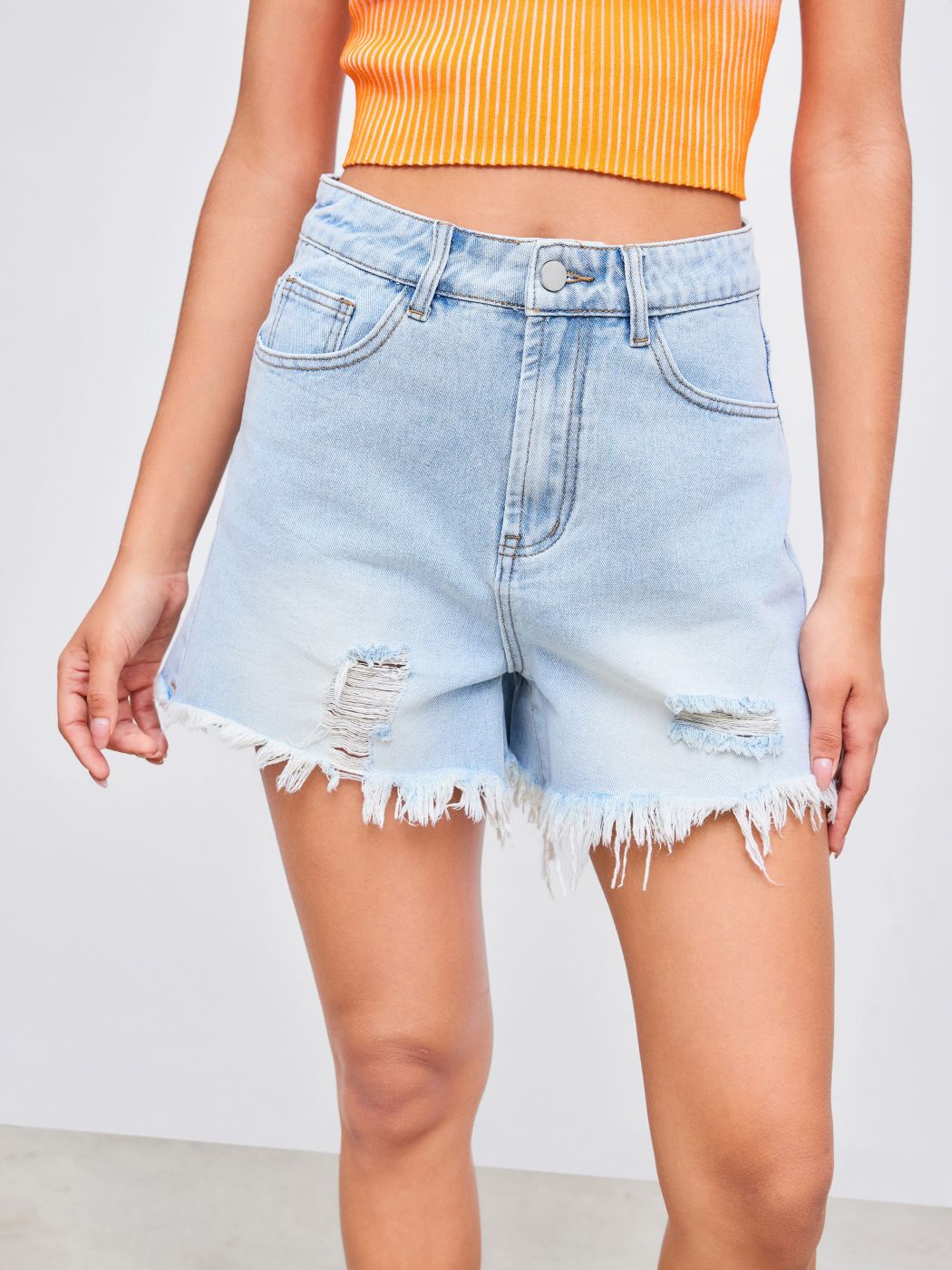  High Waist Ripped Washed Denim Shorts