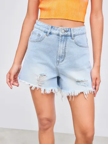  High Waist Ripped Washed Denim Shorts