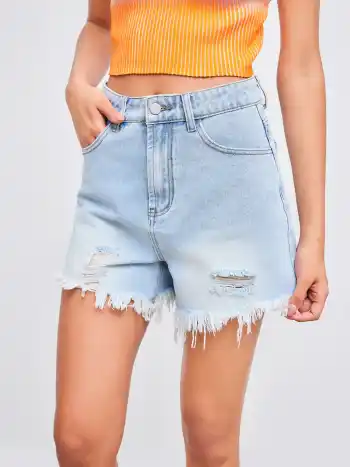 Shorts en denim délavé déchiré taille haute